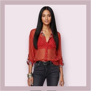 Free People Easy Rider Sheer Red Floral Shirt Size XS